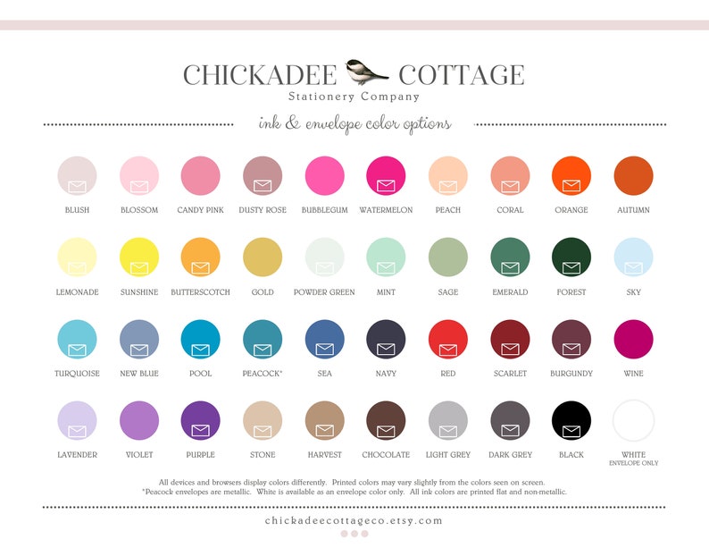 May include: Color chart from Chickadee Cottage Stationery Company, featuring a variety of ink and envelope color options. Colors include Blush, Candy Pink, and Sky. The text "ink & envelope color options" is displayed.