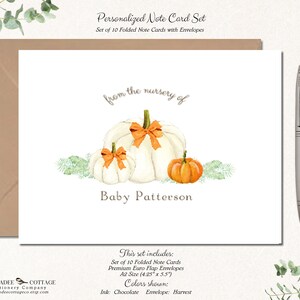 Puede incluir: Conjunto de 10 tarjetas plegables con sobres que presentan una ilustraci&oacute;n de acuarela de tres calabazas blancas con tallos y cintas naranjas. El texto "from the nursery of Baby Patterson" est&aacute; impreso debajo de las calabazas. Las tarjetas miden 10,8 cm por 14 cm.
