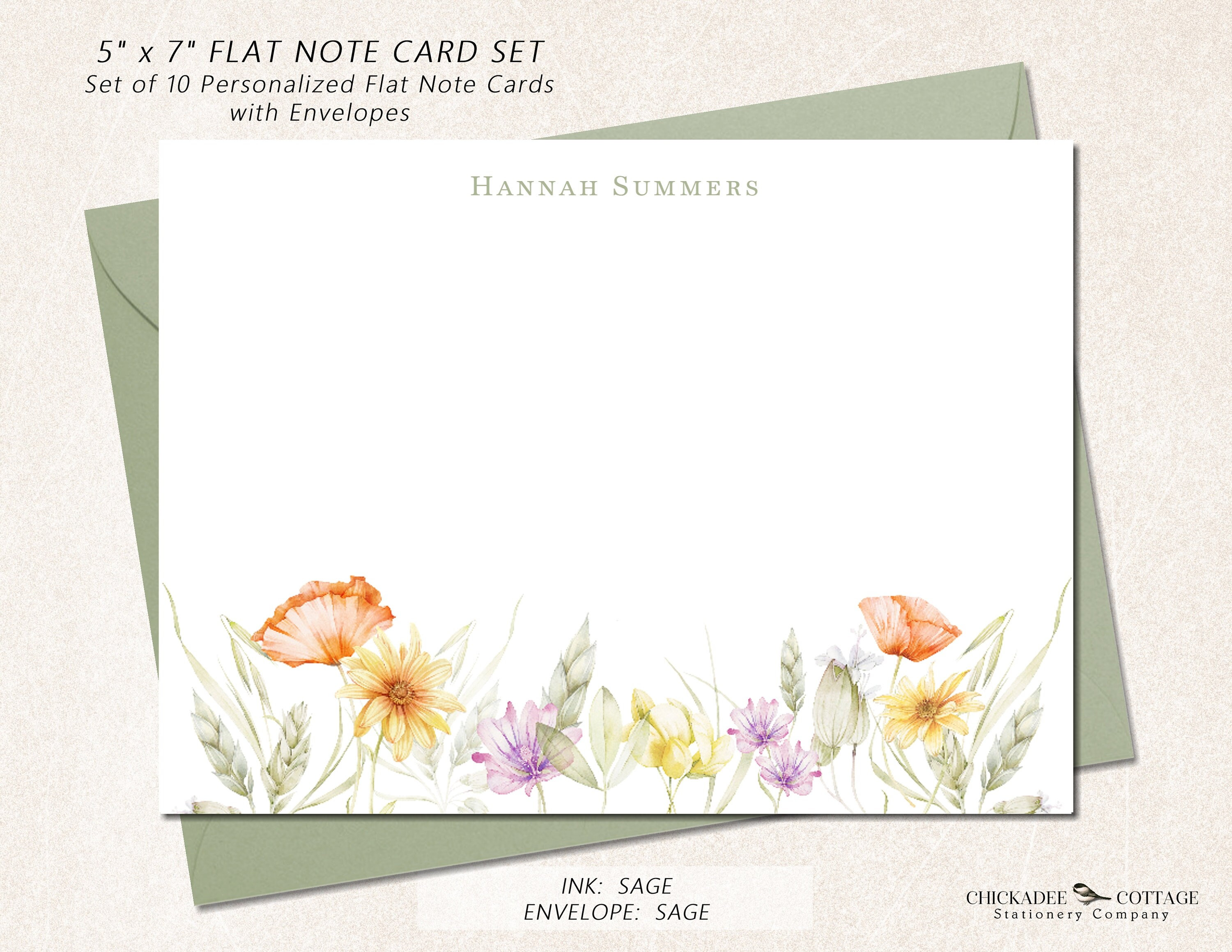 Personalized Stationery Note Cards Set With Envelopes, Set of 10 Flat 5 ...