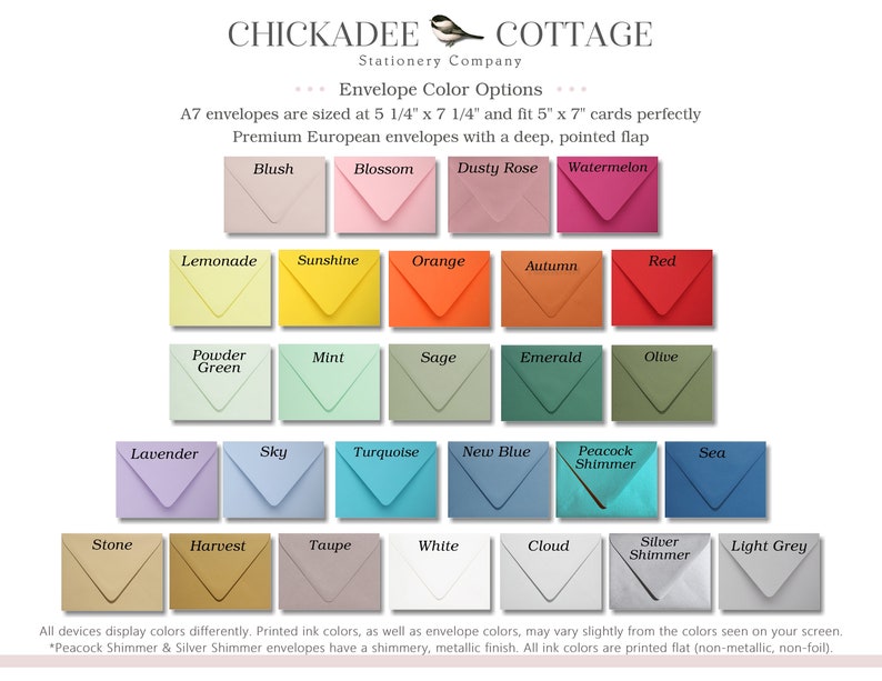 Może przedstawiać: Tabela kolor&oacute;w prezentująca 18 r&oacute;żnych kolor&oacute;w kopert oferowanych przez Chickadee Cottage Stationery Company. Kolory są ułożone w siatkę z nazwami takimi jak Blush, Blossom, Dusty Rose, Watermelon, Lemonade, Sunshine, Orange, Autumn, Red, Powder Green, Mint, Sage, Emerald, Olive, Lavender, Sky, Turquoise, New Blue, Peacock Shimmer, Sea, Stone, Harvest, Taupe, White, Cloud, Silver Shimmer i Light Grey. Tekst "A7 envelopes are sized at 5 1/4" x 7 1/4" and fit 5" x 7" cards perfectly. Premium European envelopes with a deep, pointed flap." jest r&oacute;wnież zawarty.