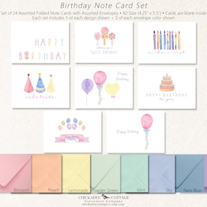 May include: Set of 24 folded note cards with assorted envelopes. The cards feature watercolor illustrations of birthday themes, such as cake, balloons, and candles. The envelopes come in 10 colors: blossom, peach, lemonade, powder green, mint, sky, new blue, and lavender.