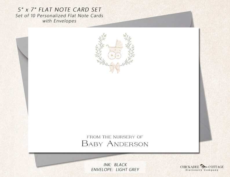 Puede incluir: Un juego de 10 tarjetas planas personalizadas de 12,7 x 17,8 cm con sobres. El dise&ntilde;o presenta una ilustraci&oacute;n de acuarela de un cochecito de beb&eacute; con una corona de hojas y un lazo. El texto "FROM THE NURSERY OF BABY ANDERSON" est&aacute; impreso debajo de la ilustraci&oacute;n. El color de la tinta es negro y el color del sobre es gris claro.