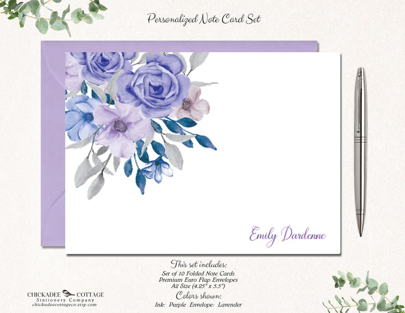 Personalized Purple Flower Stationery Floral Thank You Cards Floral Stationary with Envelopes Personalized Gifts PURPLE GREY FLORAL image 1