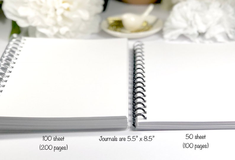 May include: Two spiral bound journals, one with 100 sheets (200 pages) and the other with 50 sheets (100 pages). The journals are 5.5 inches by 8.5 inches.
