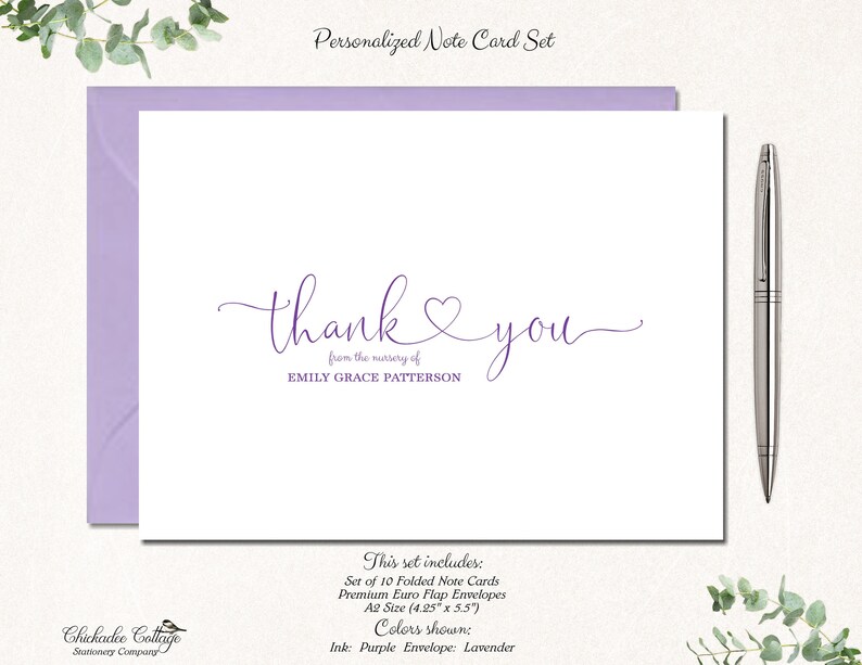 May include: A set of 10 folded note cards with purple ink and lavender envelopes. The cards are personalised with the text "thank you from the nursery of EMILY GRACE PATTERSON".