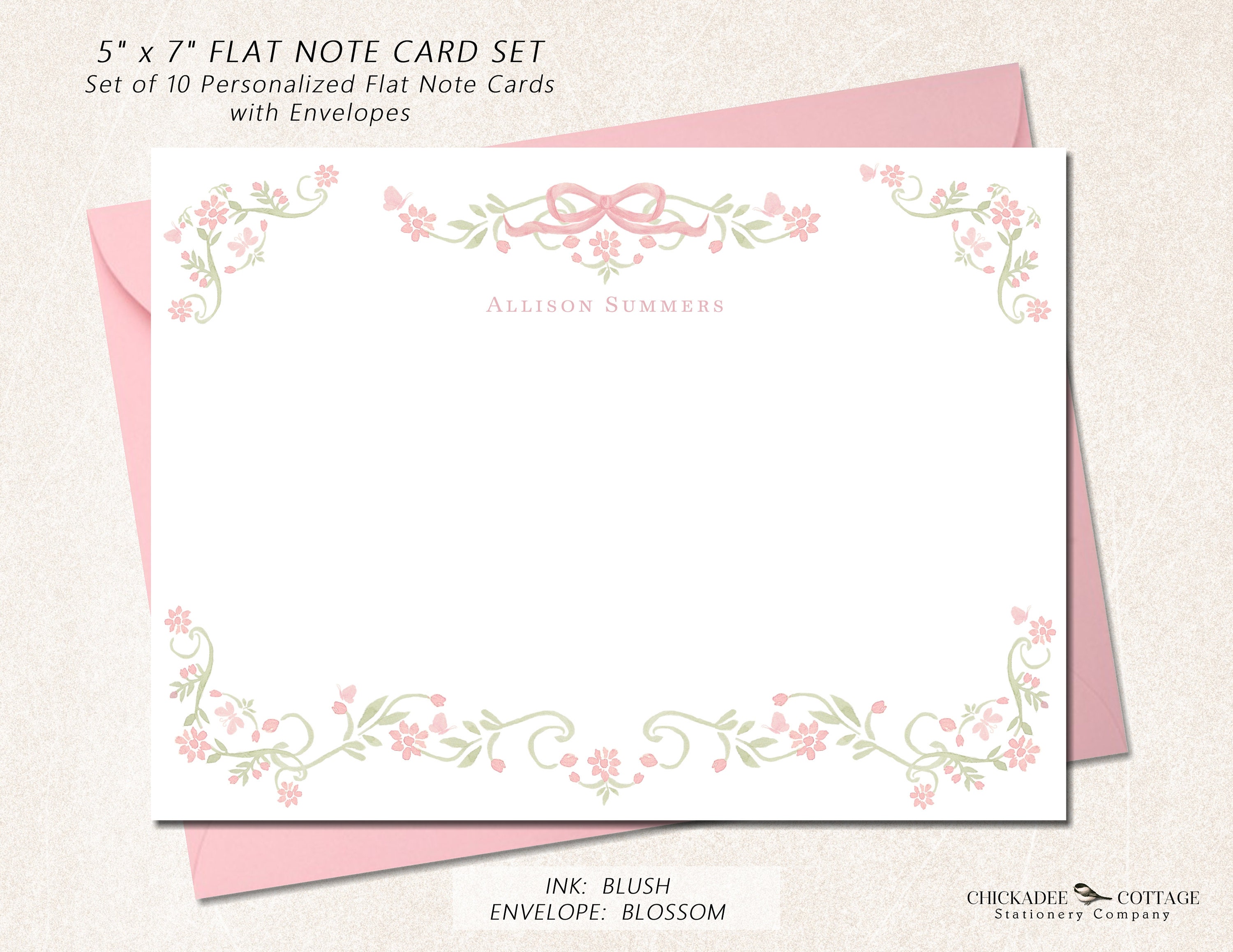 Personalized Note Cards With Floral Border, Set of 10 Flat 5" X 7 ...