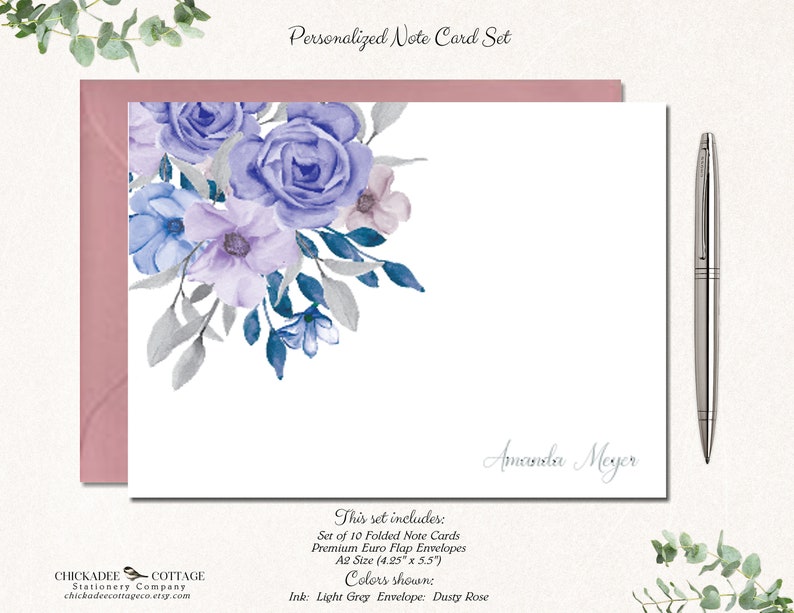 Personalized Purple Flower Stationery Floral Thank You Cards Floral Stationary with Envelopes Personalized Gifts PURPLE GREY FLORAL image 7