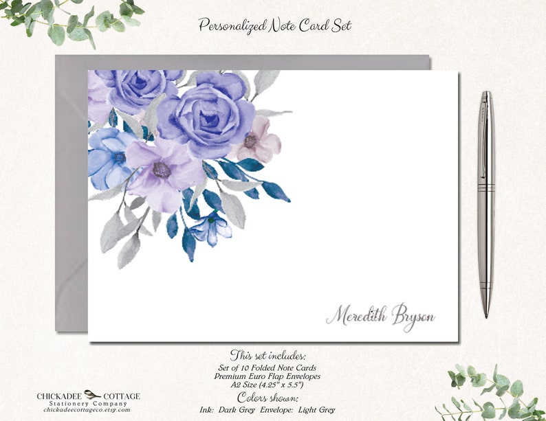 Personalized Purple Flower Stationery Floral Thank You Cards Floral Stationary with Envelopes Personalized Gifts PURPLE GREY FLORAL image 3