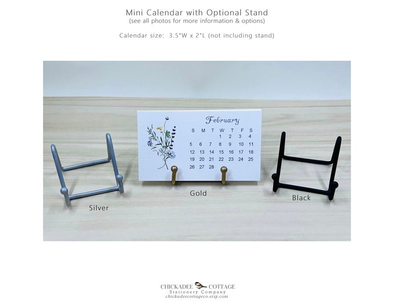 2026 or 2027 Mini Calendar with Optional Wood or Metal Stand, 3.5"W x 2"L (Business Card Size) Small Floral Desk Calendar, WILDFLOWERS image 4