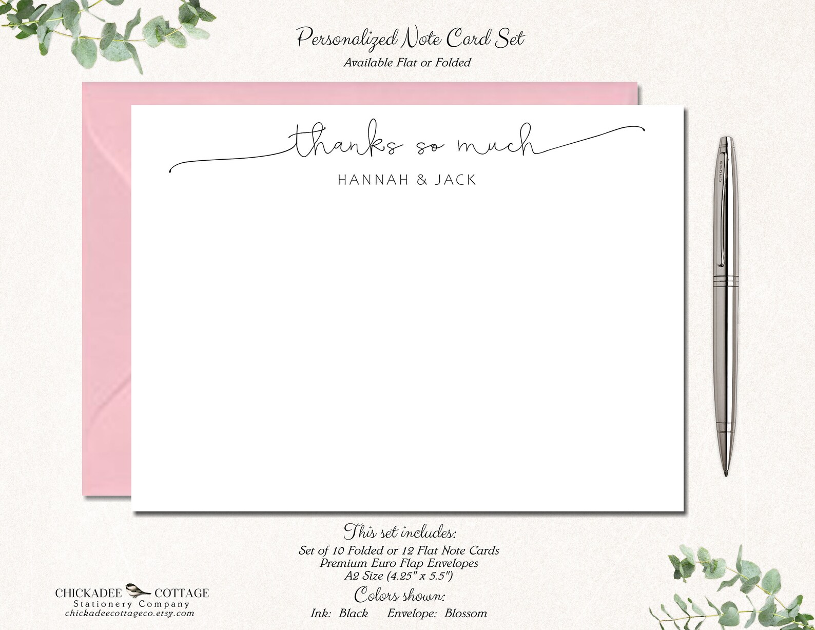 Thank You Cards Personalized, Set of 12 Flat or 10 Folded Notecards ...