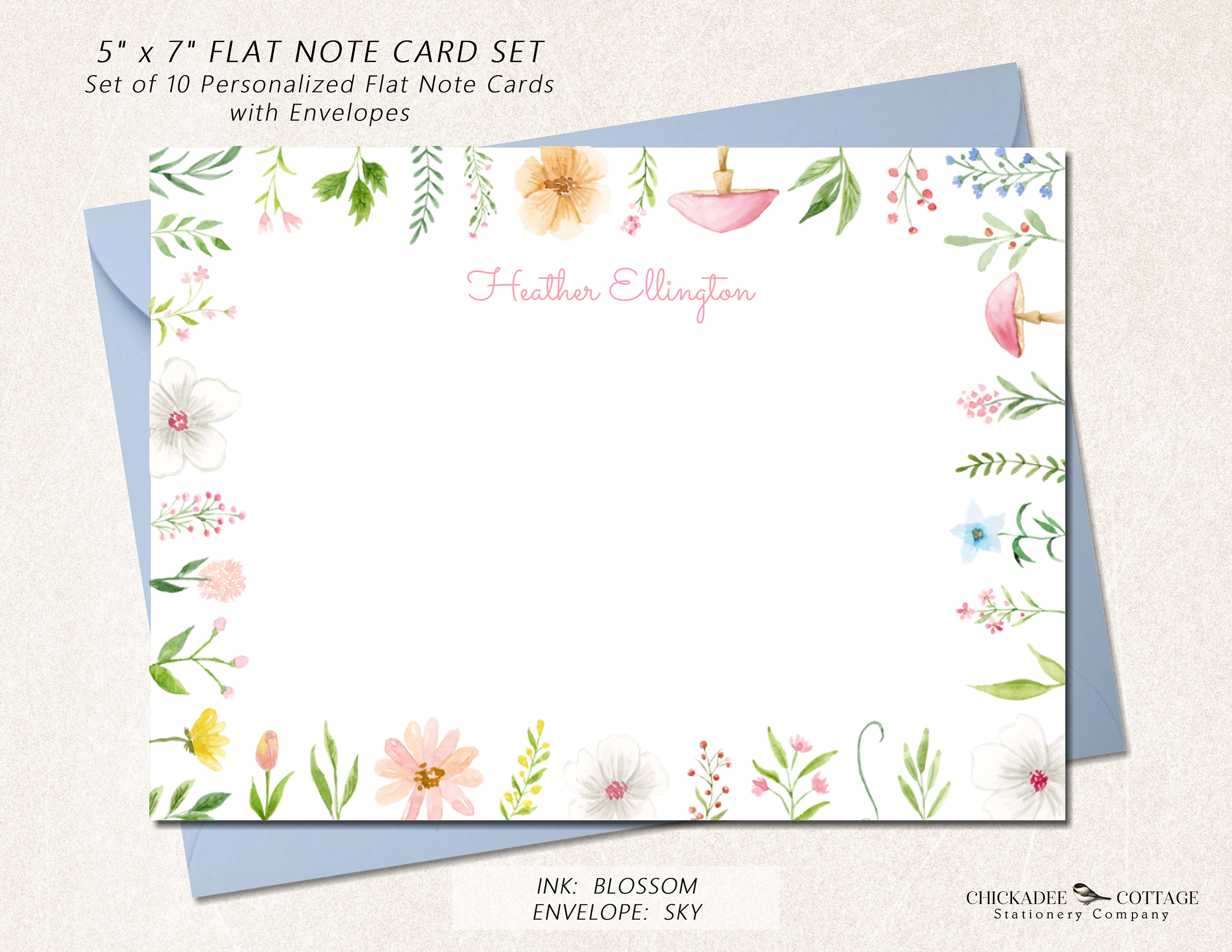 Personalized Stationery Note Card Set With Envelopes, Set of 10 Flat 5 ...