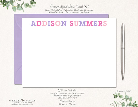 Personalized Note Cards With Envelopes, Set of 12 Flat or 10 Folded Notecards,  Stationery for Girls, PINK PURPLE 