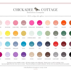 May include: A chart of ink and envelope color options for stationery. The colors are arranged in rows and labeled with names like Blush, Lemonade, Sky, Wine, and Black.