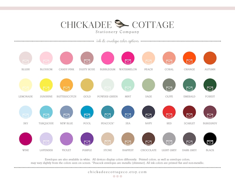 May include: A chart of ink and envelope color options for stationery. The colors are arranged in rows and labeled with names like Blush, Lemonade, Sky, Wine, and Black.