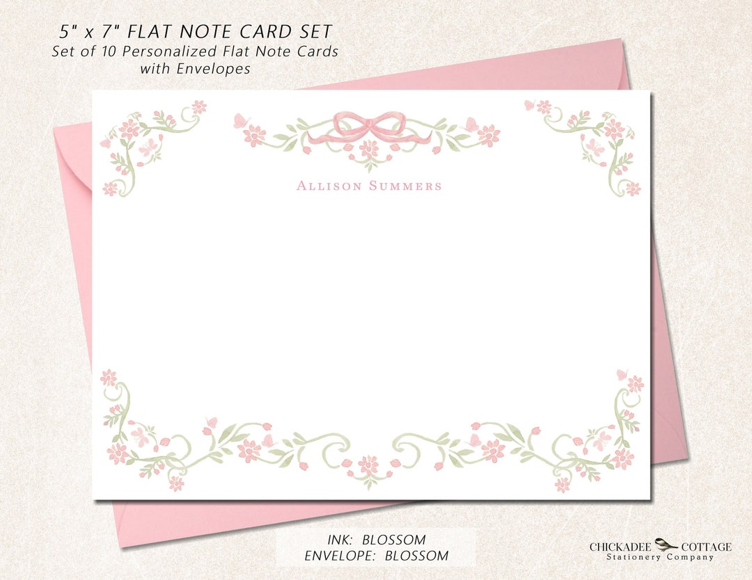 Personalized Note Cards With Floral Border, Set of 10 Flat 5" X 7 ...