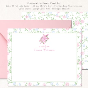 May include: A set of 12 personalized note cards with a floral design and a pink turtle illustration. The cards are A2 size (4.25" x 5.5") and come with premium Euro flap envelopes in blossom color. The text on the card reads "a note from Teresa Williams".