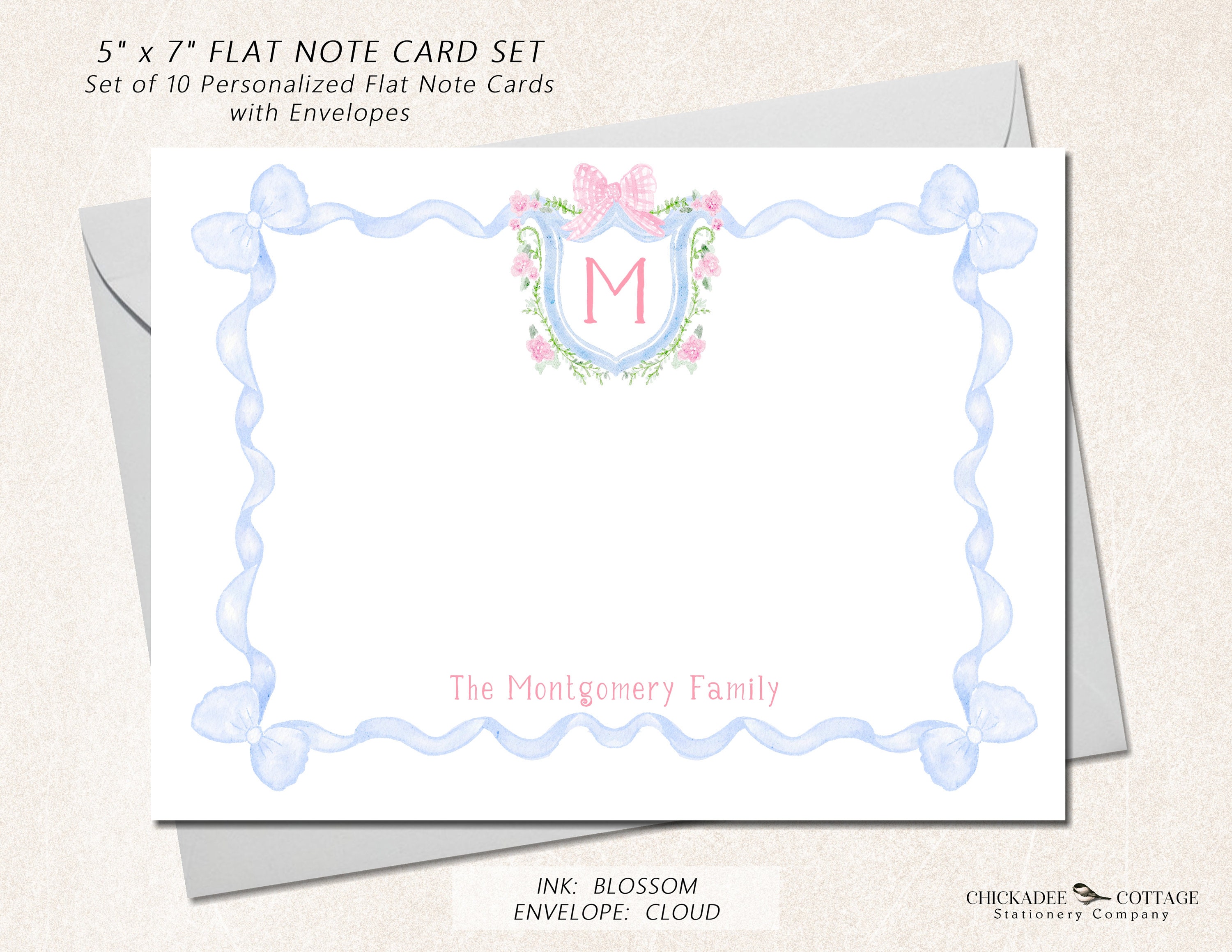 Personalized Monogram Stationery, Set of 10 Flat 5" X 7" Note Cards ...