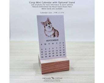 2024 Mini Corgi Calendar with Optional Wood or Metal Stand, Each Monthly Card is 2"W x 3.5"L (Business Card Size), Small Calendar, CORGI