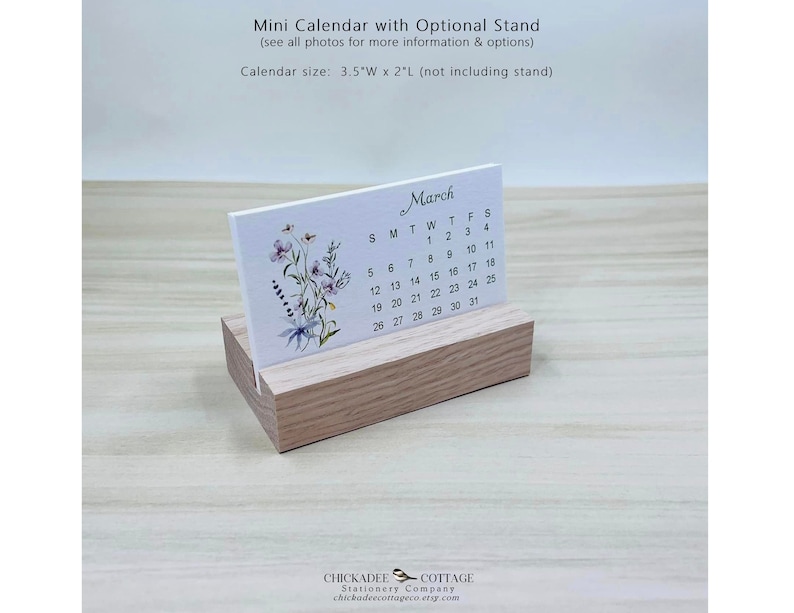 2026 or 2027 Mini Calendar with Optional Wood or Metal Stand, 3.5"W x 2"L (Business Card Size) Small Floral Desk Calendar, WILDFLOWERS image 1