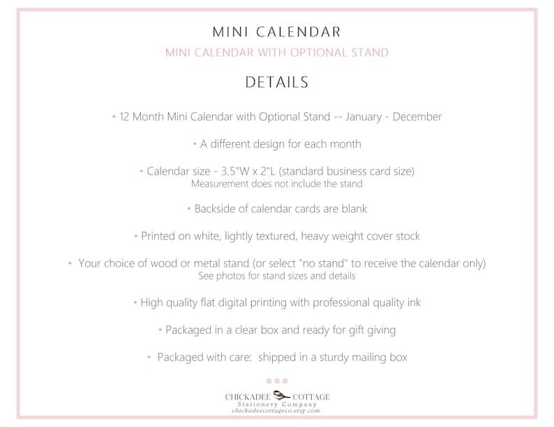 2026 or 2027 Mini Calendar with Optional Wood or Metal Stand, 3.5"W x 2"L (Business Card Size) Small Floral Desk Calendar, WILDFLOWERS image 5