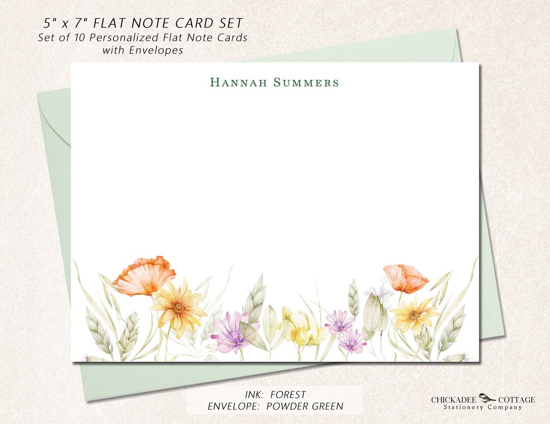 Personalized Floral Stationery Note Cards Set With Envelopes, Set of 10 Flat 5 X 7 A7 Size