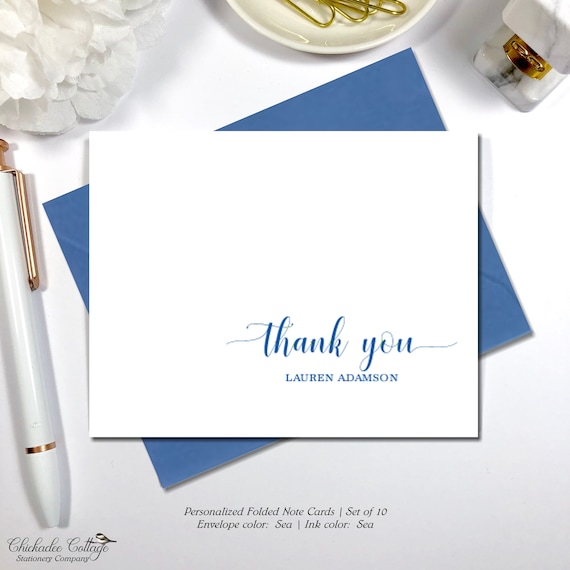 Personalized Folded Thank You Cards, Set of 10 Folded Note Cards with Envelopes CLASSY THANK YOU
