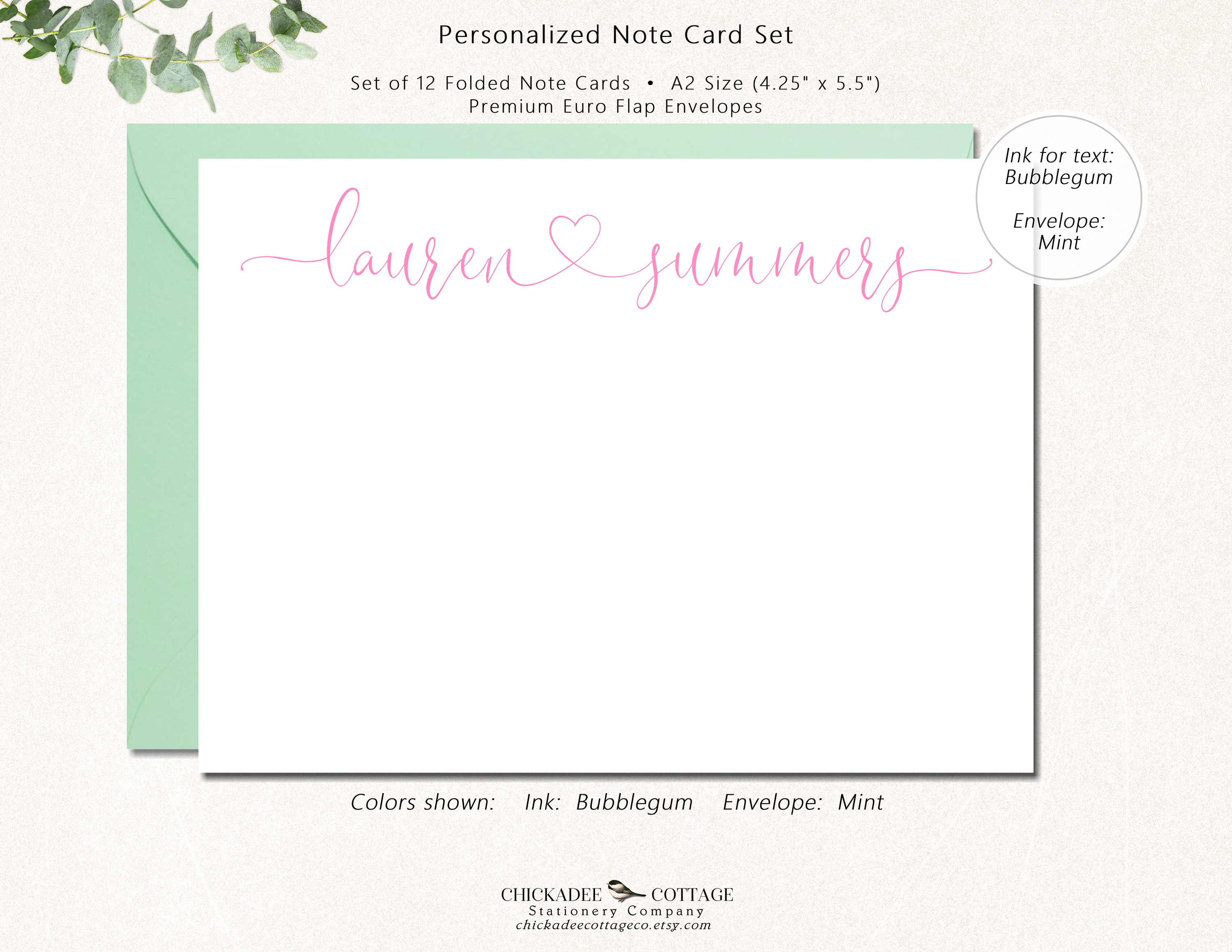 Personalized Note Cards With Envelopes, Set of 12 Flat Notecards for ...