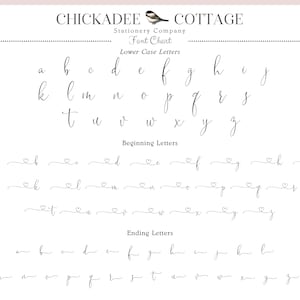 May include: A white font chart from Chickadee Cottage Stationery Company. The chart displays lowercase letters, beginning letters, and ending letters in a delicate, cursive script. The beginning letters have a heart symbol. The text at the top reads "Chickadee Cottage".