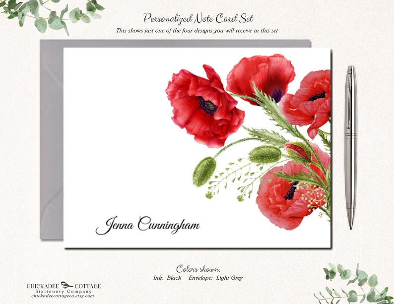 Personalized Poppy Note Cards Set with Envelopes, Set of 12 Assorted Cards, Flower Stationery, Floral Notecards, BEAUTIFUL POPPIES image 6