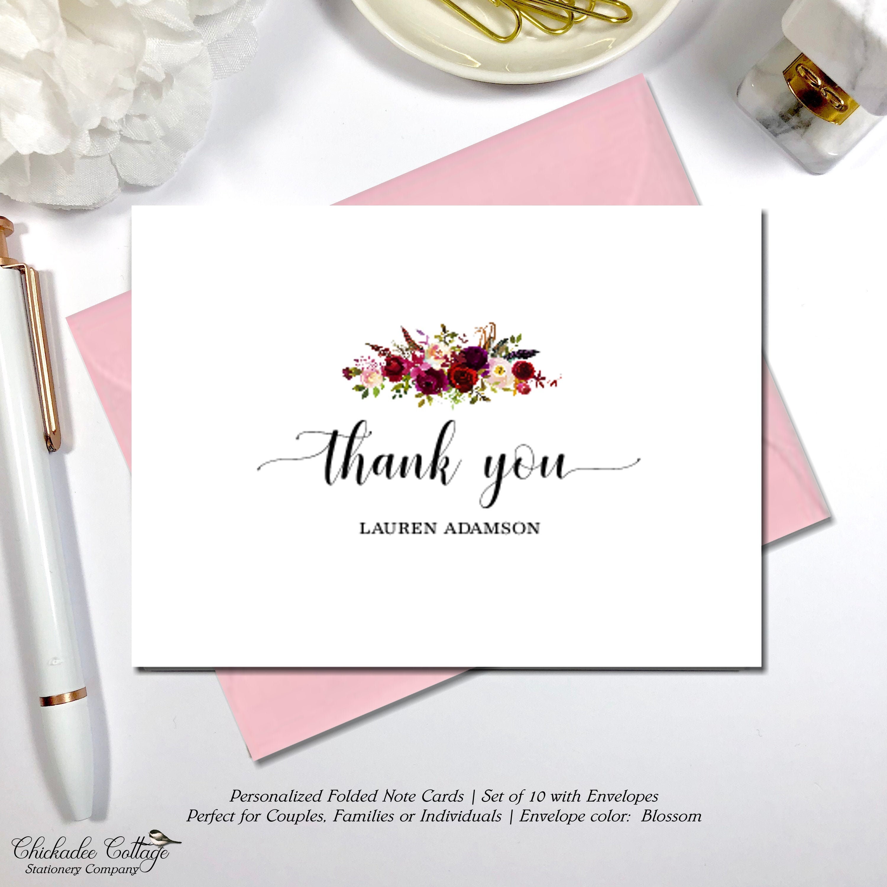 Personalized Floral Thank You Cards, Set of 10 With Envelopes, BURGUNDY ...