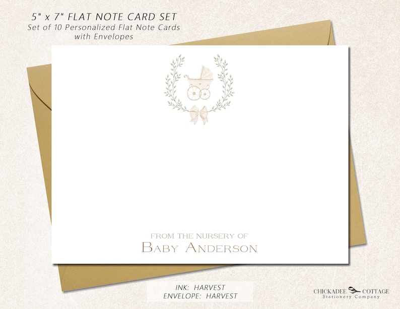 Puede incluir: Un juego de 10 tarjetas planas personalizadas de 12,7 x 17,8 cm con sobres. Las tarjetas presentan una ilustraci&oacute;n de acuarela de un cochecito de beb&eacute; con un lazo y una corona de hojas. El texto "From the nursery of Baby Anderson" est&aacute; impreso debajo de la ilustraci&oacute;n.