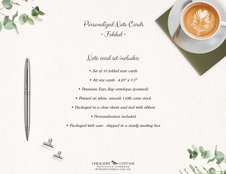 May include: Set of 10 folded note cards with envelopes, printed on white, smooth 110lb cover stock. The cards are A2 size, measuring 10.8 cm by 14 cm. They are packaged in a clear sleeve and tied with ribbon. Personalisation is included. The note cards are shipped in a sturdy mailing box.