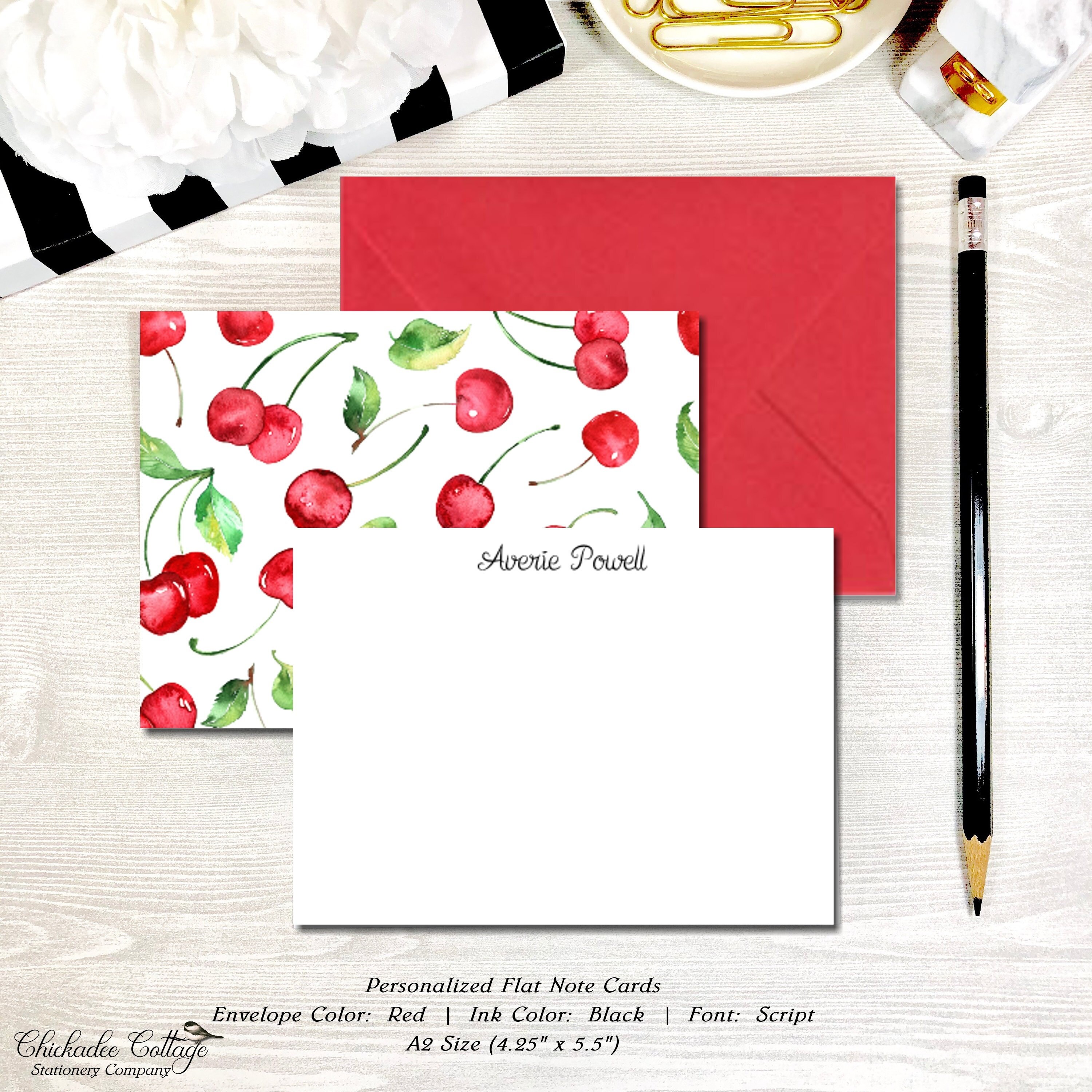 Flat Note Cards with Envelopes / Cherry Personalized Note Etsy