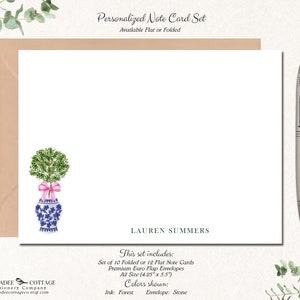 May include: Personalized note card set with a blue and white floral design. The set includes 10 folded or 12 flat note cards and premium Euro flap envelopes. The cards are 4.25 inches by 5.5 inches. The ink color is forest and the envelope color is stone.