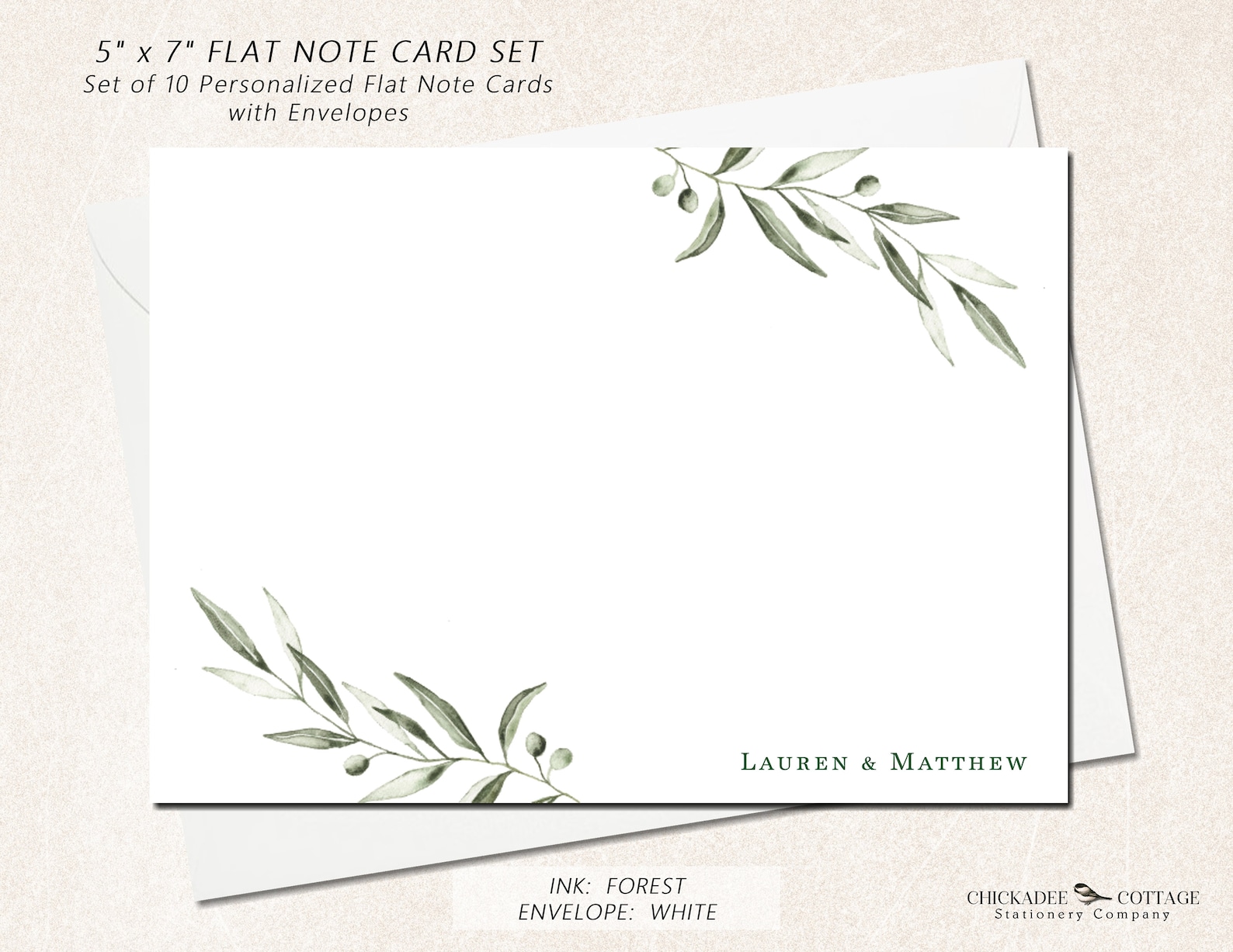 Personalized Note Cards With Envelopes, Set of 10 Flat 5