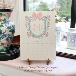 2024 Desk Calendar, 5" x 7" Personalized Monogrammed Monthly 2024 Calendar with optional Gold Bamboo Easel Stand, GINGHAM BOW