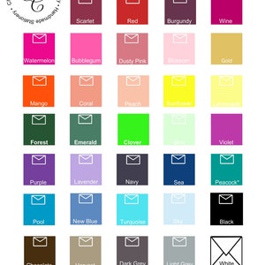 May include: A chart displaying ink and envelope colour options for stationery. The chart features 25 colour swatches with the name of each colour listed below. The colours include: Scarlet, Red, Burgundy, Wine, Watermelon, Bubblegum, Dusty Pink, Blossom, Gold, Mango, Coral, Peach, Sunflower, Lemonade, Forest, Emerald, Clover, Mint, Violet, Purple, Lavender, Navy, Sea, Peacock, Pool, New Blue, Turquoise, Sky, Black, Chocolate, Harvest, Dark Grey, Light Grey, and White. White is an envelope colour only. All ink colours are matte and flat when printed. Peacock envelopes have a metallic finish.