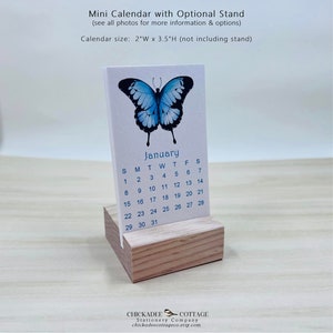 2024 Mini Butterflies Calendar with Optional Wood or Metal Stand, 2"W x 3.5"L (Business Card Size) Small Desk Calendar, BUTTERFLY Gifts