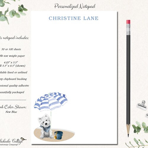 Personalized Westie Beach Notepad, West Highland Terrier Gift