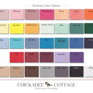 May include: A chart of envelope color options with names for each color. The colors include blush, blossom, dusty rose, watermelon, peach, coral, orange, lemonade, sunshine, butterscotch, powder green, mint, emerald, forest, sky, turquoise, new blue, pool, peacock (metallic), sea, navy, red, scarlet, burgundy, lavender, purple, stone, harvest, chocolate, light grey, dark grey, black, and white.