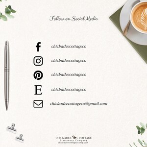 May include: A white card with black text that reads "Follow on Social Media" and lists social media handles for Facebook, Instagram, Pinterest, Etsy, and email. The card is surrounded by greenery and a cup of coffee.