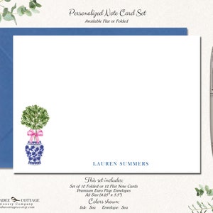 May include: Personalized note card set with a blue and white floral design. The set includes 10 folded or 12 flat note cards and premium Euro flap envelopes. The cards are 4.25 inches by 5.5 inches. The ink and envelope colors are sea.