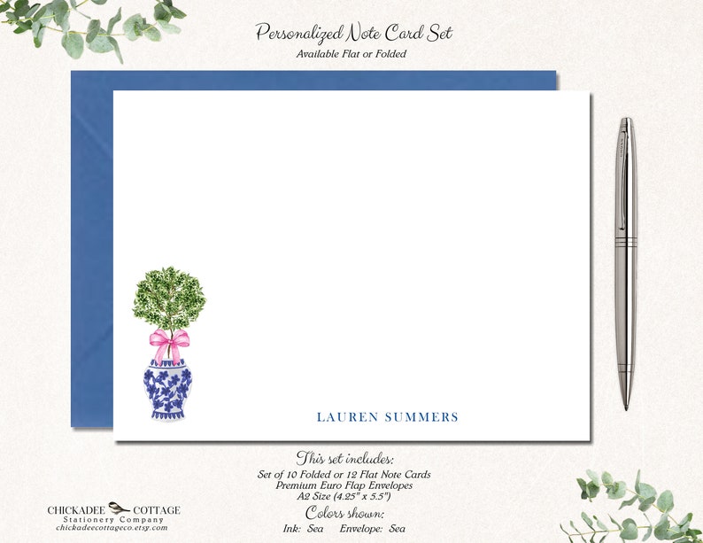 May include: Personalized note card set with a blue and white floral design. The set includes 10 folded or 12 flat note cards and premium Euro flap envelopes. The cards are 4.25 inches by 5.5 inches. The ink and envelope colors are sea.
