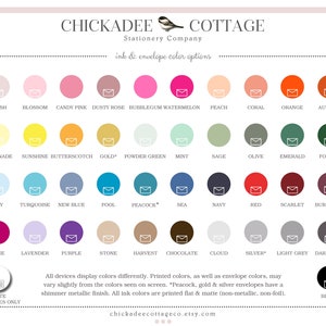 Puede incluir: Una tabla de colores que muestra las opciones de color de tinta y sobre para papeler&iacute;a. La tabla incluye 48 colores, entre ellos: rubor, flor, rosa chicle, rosa polvoriento, chicle, sand&iacute;a, melocot&oacute;n, coral, naranja, oto&ntilde;o, limonada, sol, caramelo, oro, verde polvo, menta, salvia, oliva, esmeralda, bosque, cielo, turquesa, azul nuevo, piscina, pavo real, mar, azul marino, rojo, escarlata, burdeos, vino, lavanda, morado, piedra, cosecha, chocolate, nube, plata, gris claro, gris oscuro, blanco y negro.