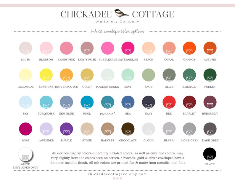 Puede incluir: Una tabla de colores que muestra las opciones de color de tinta y sobre para papeler&iacute;a. La tabla incluye 48 colores, entre ellos: rubor, flor, rosa chicle, rosa polvoriento, chicle, sand&iacute;a, melocot&oacute;n, coral, naranja, oto&ntilde;o, limonada, sol, caramelo, oro, verde polvo, menta, salvia, oliva, esmeralda, bosque, cielo, turquesa, azul nuevo, piscina, pavo real, mar, azul marino, rojo, escarlata, burdeos, vino, lavanda, morado, piedra, cosecha, chocolate, nube, plata, gris claro, gris oscuro, blanco y negro.