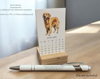 2026 Mini Golden Retriever Calendar - Optional Wood or Metal Stand, Each Monthly Card is 2"W x 3.5"L (Business Card Size) GOLDENS