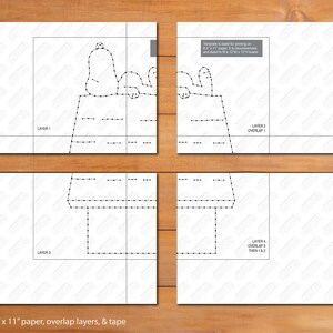 May include: A printable papercraft template featuring Snoopy and Woodstock from Peanuts. The template is divided into four sections, labeled "Layer 1", "Layer 2", "Layer 3", and "Layer 4". The instructions indicate to print on 8.5 x 11 inch paper, overlap the layers, and use tape to assemble.