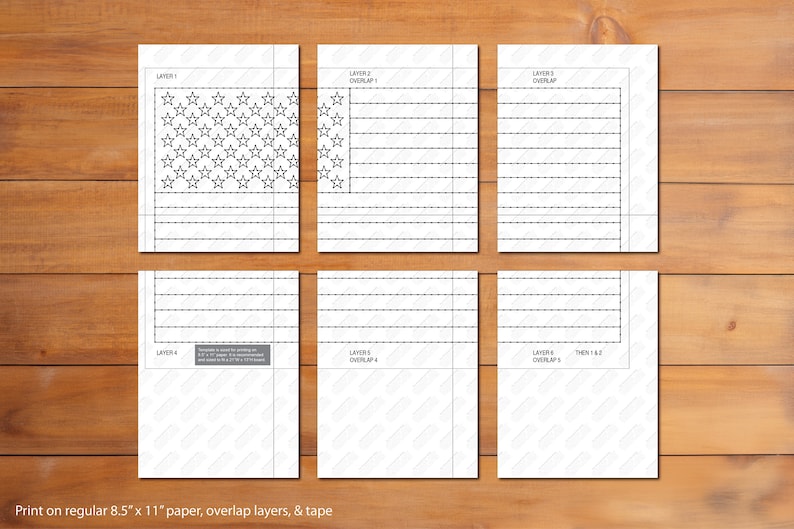May include: Six printable sheets with black lines outlining the American flag. The first sheet has stars, the rest have stripes. Print on 8.5 x 11 inch paper, overlap layers, and tape.