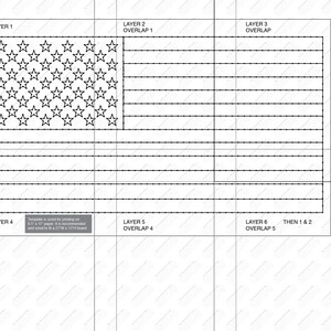 May include: A black and white template for creating a layered American flag. The template is divided into six sections, labeled "Layer 1" through "Layer 6". Each section has a corresponding overlap instruction. The template is designed to be printed on 8.5 x 11 inch paper and sized to fit a 21 inch wide by 13 inch high board.