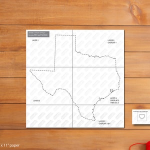 Puede incluir: Una plantilla imprimible para crear una artesanía de papel en capas del estado de Texas. La plantilla está dividida en cinco secciones, cada una etiquetada con un número de capa e instrucciones para superponer. La plantilla está diseñada para imprimirse en papel de 8,5 x 11 pulgadas.